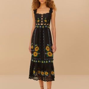 NWT Farm RIO Black Cross Stitch Sunflower Richelieu ECOVERO™ Midi Dress M Medium